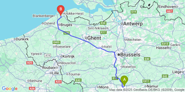 Map: Charleroi Airport Brussels South (CRL) to Ramskapelle (Brugge)