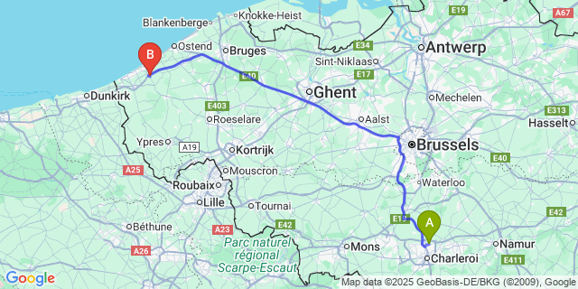 Map: Charleroi Airport Brussels South (CRL) to Ramskapelle (Veurne)