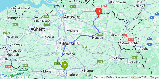 Map: Charleroi Airport Brussels South (CRL) to Rauw