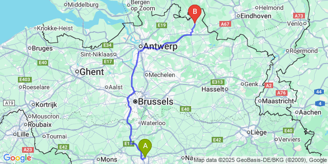Map: Charleroi Airport Brussels South (CRL) to Ravels