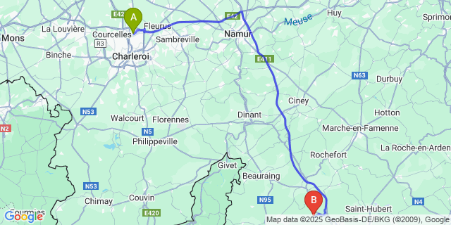 Map: Charleroi Airport Brussels South (CRL) to Redu
