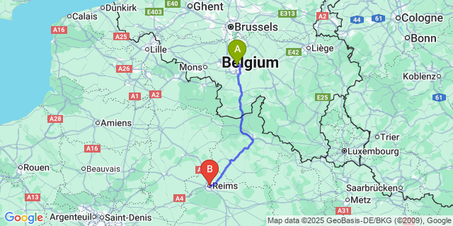 Map: Charleroi Airport Brussels South (CRL) to Reims