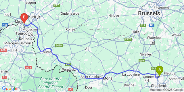 Map: Charleroi Airport Brussels South (CRL) to Rekkem