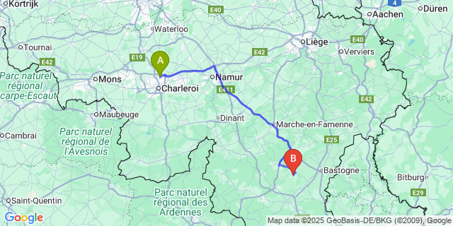Map: Charleroi Airport Brussels South (CRL) to Remagne