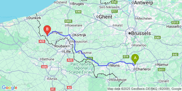 Map: Charleroi Airport Brussels South (CRL) to Reningelst