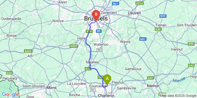 Map: Charleroi Airport Brussels South (CRL) to Residence Agenda, Brussels