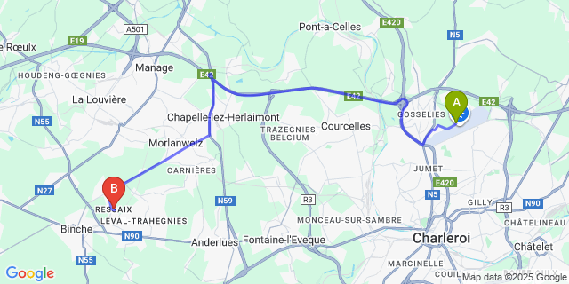Map: Charleroi Airport Brussels South (CRL) to Ressaix