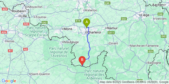 Map: Charleroi Airport Brussels South (CRL) to Riezes