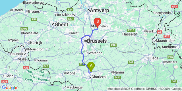 Map: Charleroi Airport Brussels South (CRL) to Rijmenam