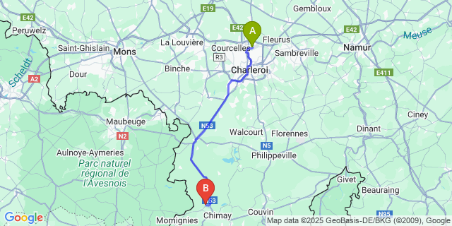 Map: Charleroi Airport Brussels South (CRL) to Robechies