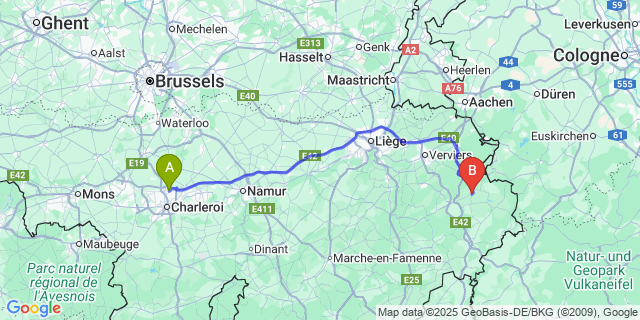 Map: Charleroi Airport Brussels South (CRL) to Robertville