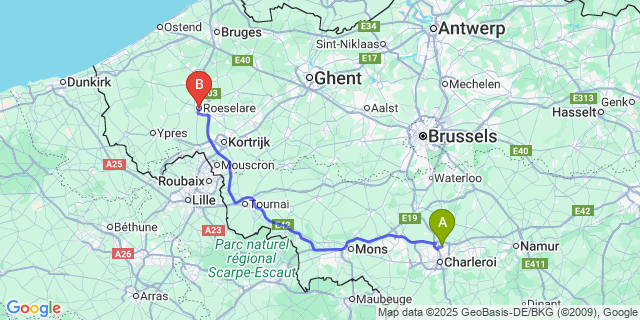 Map: Charleroi Airport Brussels South (CRL) to Roeselare