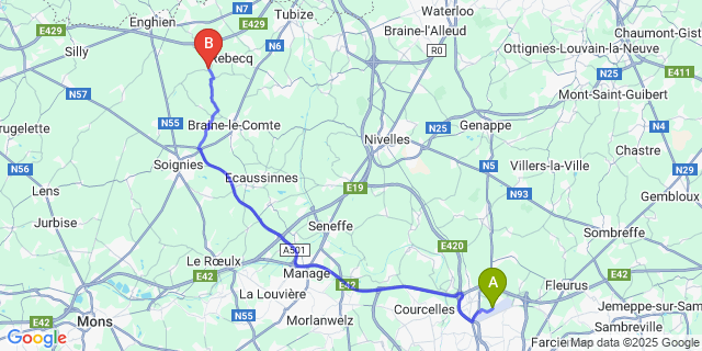Map: Charleroi Airport Brussels South (CRL) to Rognon