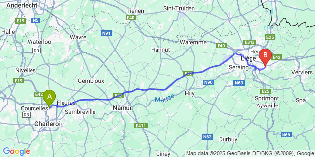Map: Charleroi Airport Brussels South (CRL) to Romsée