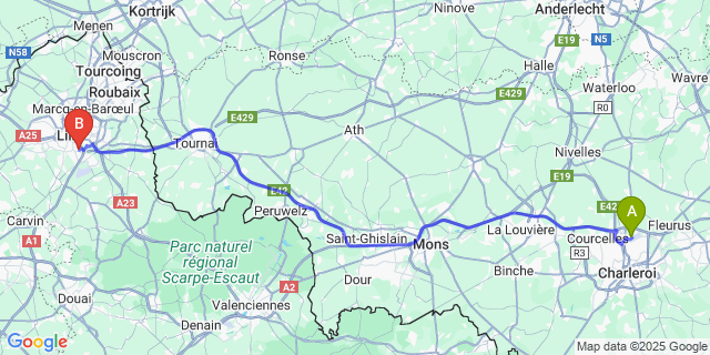 Map: Charleroi Airport Brussels South (CRL) to Ronchin