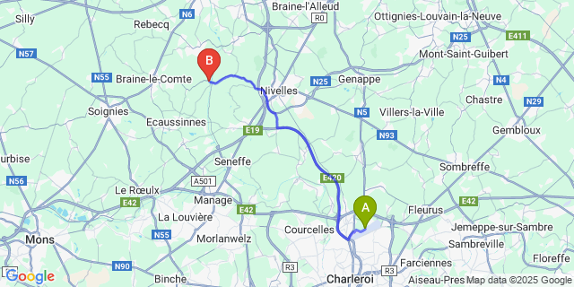 Map: Charleroi Airport Brussels South (CRL) to Ronquieres