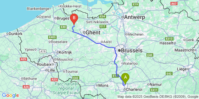 Map: Charleroi Airport Brussels South (CRL) to Ronsele