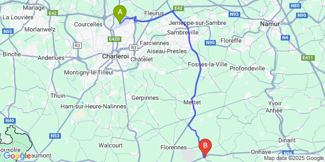 Map: Charleroi Airport Brussels South (CRL) to Rosée
