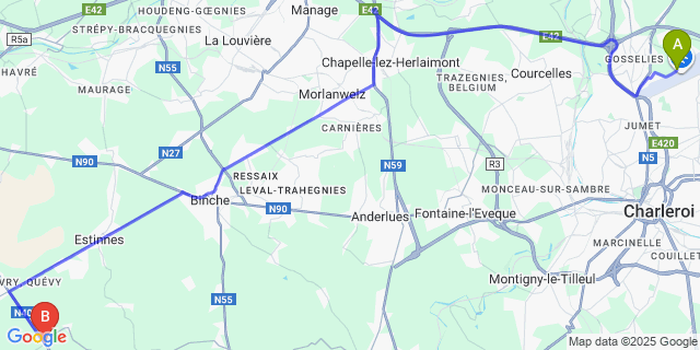 Map: Charleroi Airport Brussels South (CRL) to Rouveroy