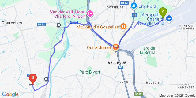 Map: Charleroi Airport Brussels South (CRL) to Roux