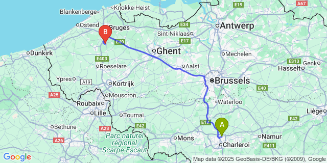 Map: Charleroi Airport Brussels South (CRL) to Ruddervoorde