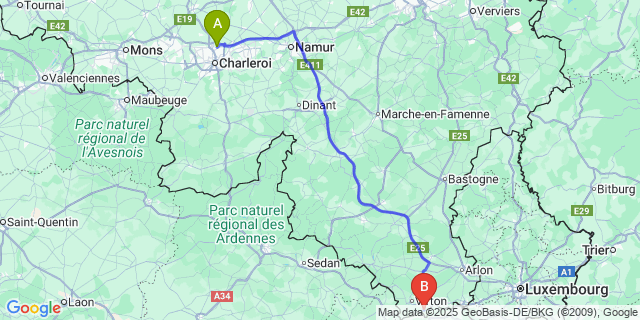 Map: Charleroi Airport Brussels South (CRL) to Ruette