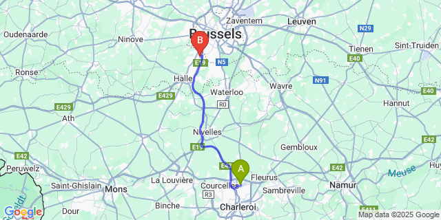 Map: Charleroi Airport Brussels South (CRL) to Ruisbroek (Bt.)
