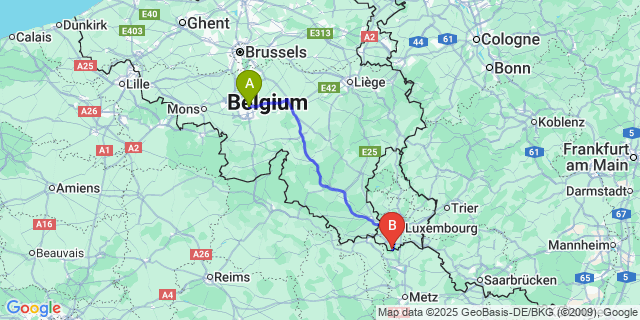 Map: Charleroi Airport Brussels South (CRL) to Rumelange