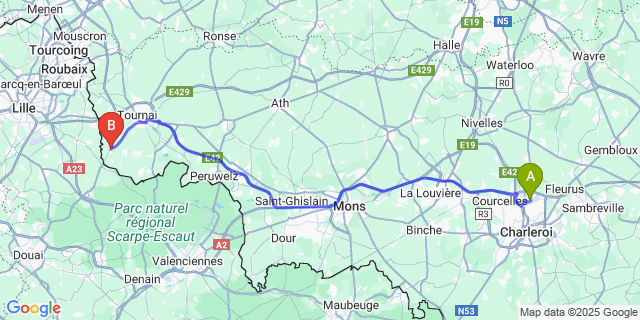 Map: Charleroi Airport Brussels South (CRL) to Rumes
