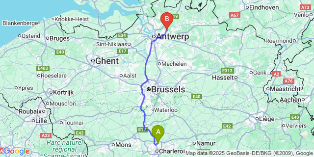 Map: Charleroi Airport Brussels South (CRL) to s Gravenwezel