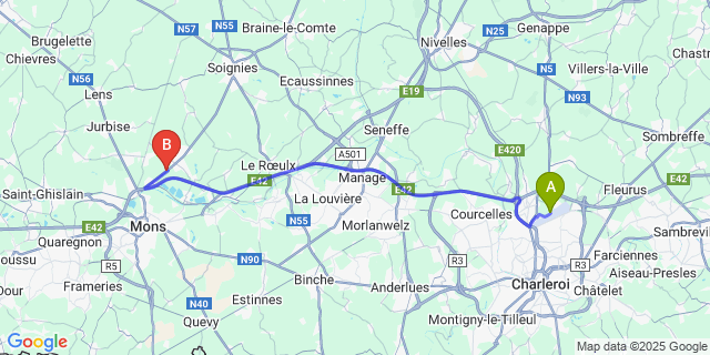 Map: Charleroi Airport Brussels South (CRL) to S.H.A.P.E. Belgique