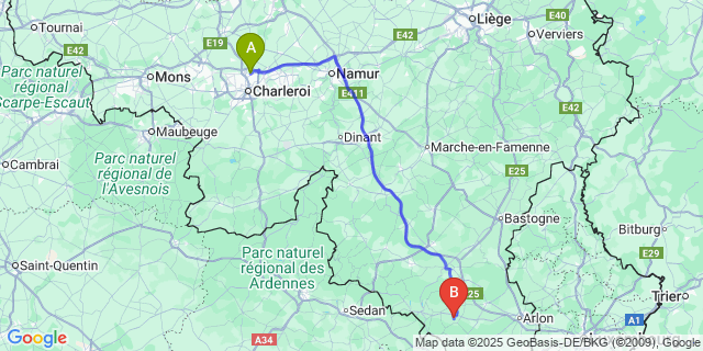 Map: Charleroi Airport Brussels South (CRL) to Saint-Vincent