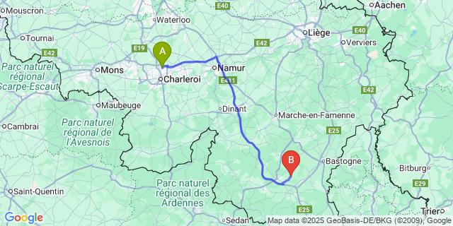 Map: Charleroi Airport Brussels South (CRL) to Sainte-Marie-Chevigny