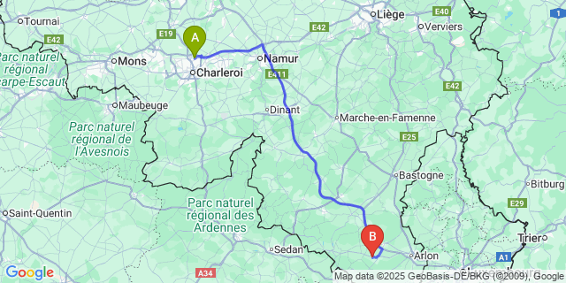 Map: Charleroi Airport Brussels South (CRL) to Sainte-Marie (-Sur-Semois)