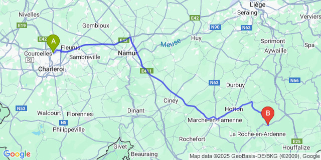 Map: Charleroi Airport Brussels South (CRL) to Samrée