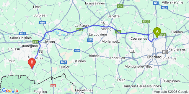 Map: Charleroi Airport Brussels South (CRL) to Sars-la-Bruyere