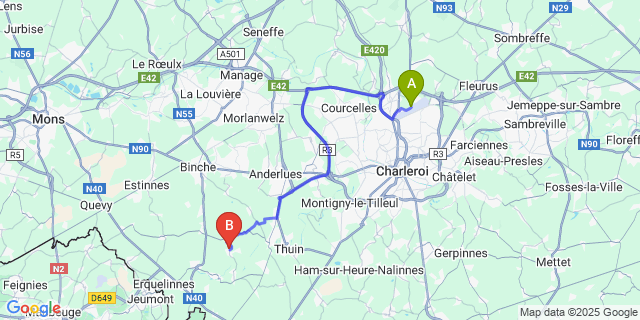 Map: Charleroi Airport Brussels South (CRL) to Sars-La-Buissi?re