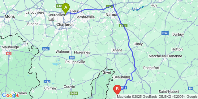 Map: Charleroi Airport Brussels South (CRL) to Sart-Custinne
