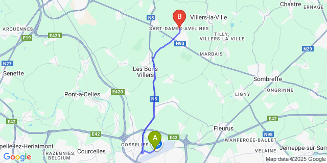 Map: Charleroi Airport Brussels South (CRL) to Sart-Dames-Avelines