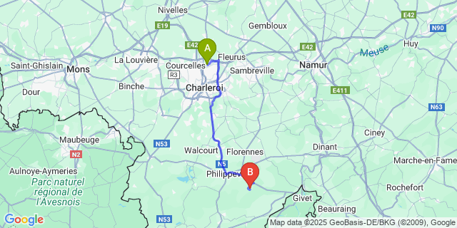 Map: Charleroi Airport Brussels South (CRL) to Sart-En-Fagne