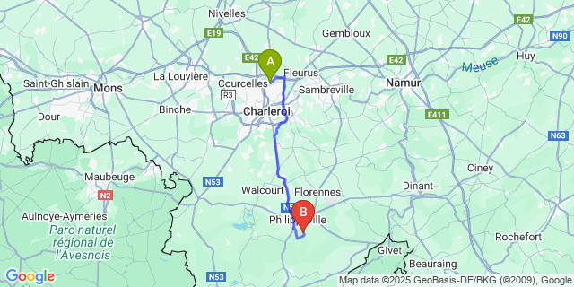Map: Charleroi Airport Brussels South (CRL) to Sautour