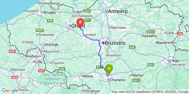 Map: Charleroi Airport Brussels South (CRL) to Schellebelle