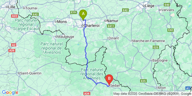 Map: Charleroi Airport Brussels South (CRL) to Sedan
