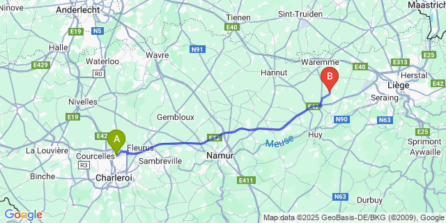 Map: Charleroi Airport Brussels South (CRL) to Seraing-Le-Château