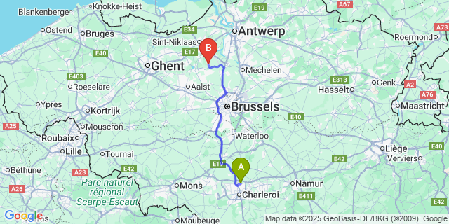 Map: Charleroi Airport Brussels South (CRL) to Sint-Amands