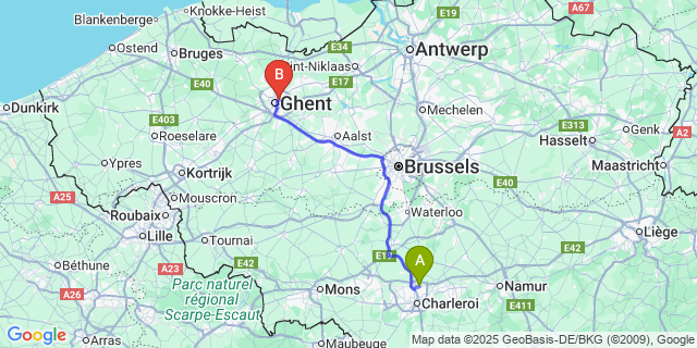 Map: Charleroi Airport Brussels South (CRL) to Sint-Amandsberg