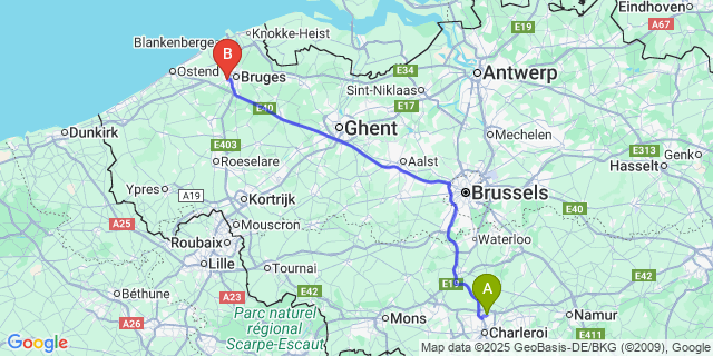 Map: Charleroi Airport Brussels South (CRL) to Sint-Andries (-Bij-Brugge)