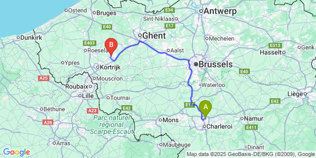 Map: Charleroi Airport Brussels South (CRL) to Sint-Eloois-Vijve