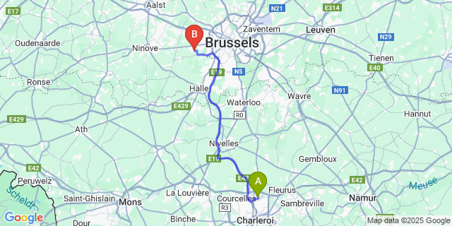 Map: Charleroi Airport Brussels South (CRL) to Sint-Gertrudis-Pede