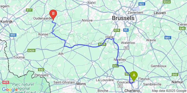 Map: Charleroi Airport Brussels South (CRL) to Sint-Kornelis-Horebeke